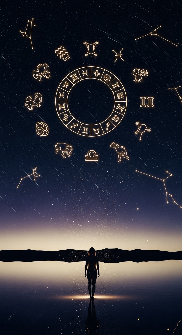 Hero option 1: cosmic figure beneath zodiac wheel